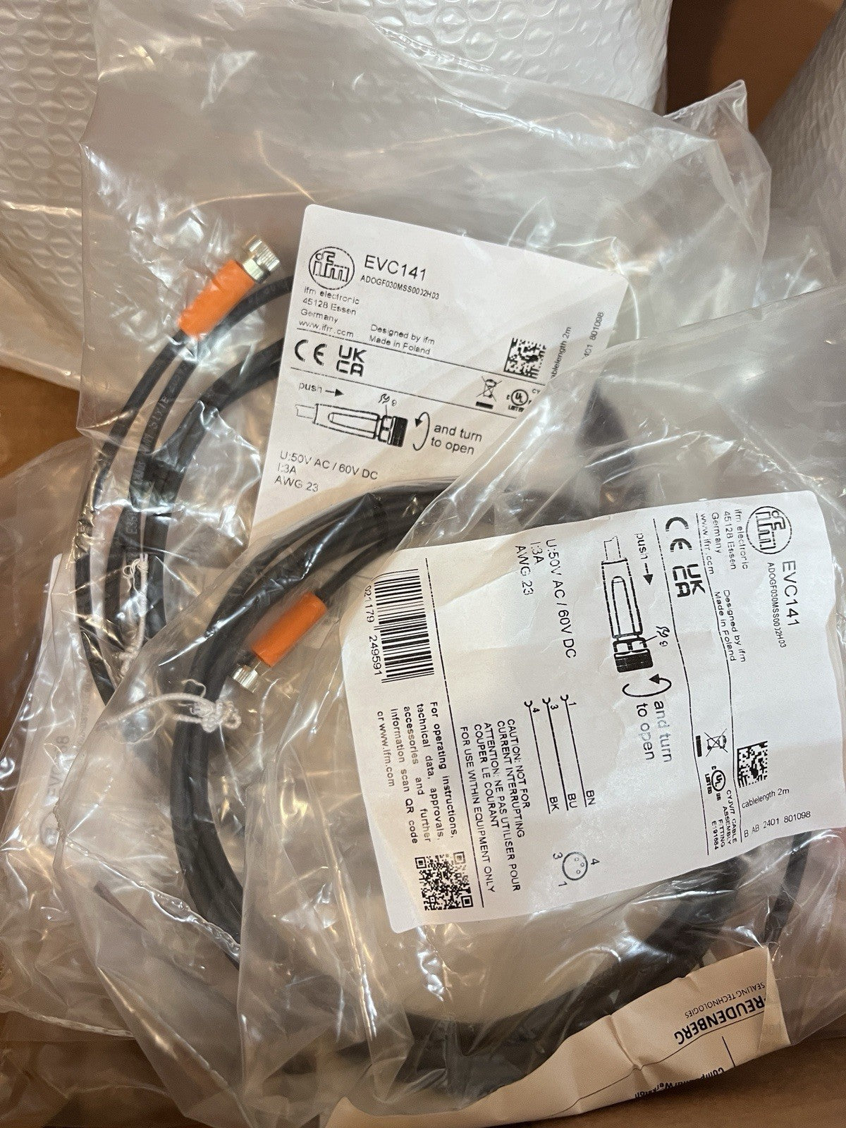 LOT OF 2 New IFM Electronic EVC141 M8 Female Straight Sensor Cable 3-Wire 2m