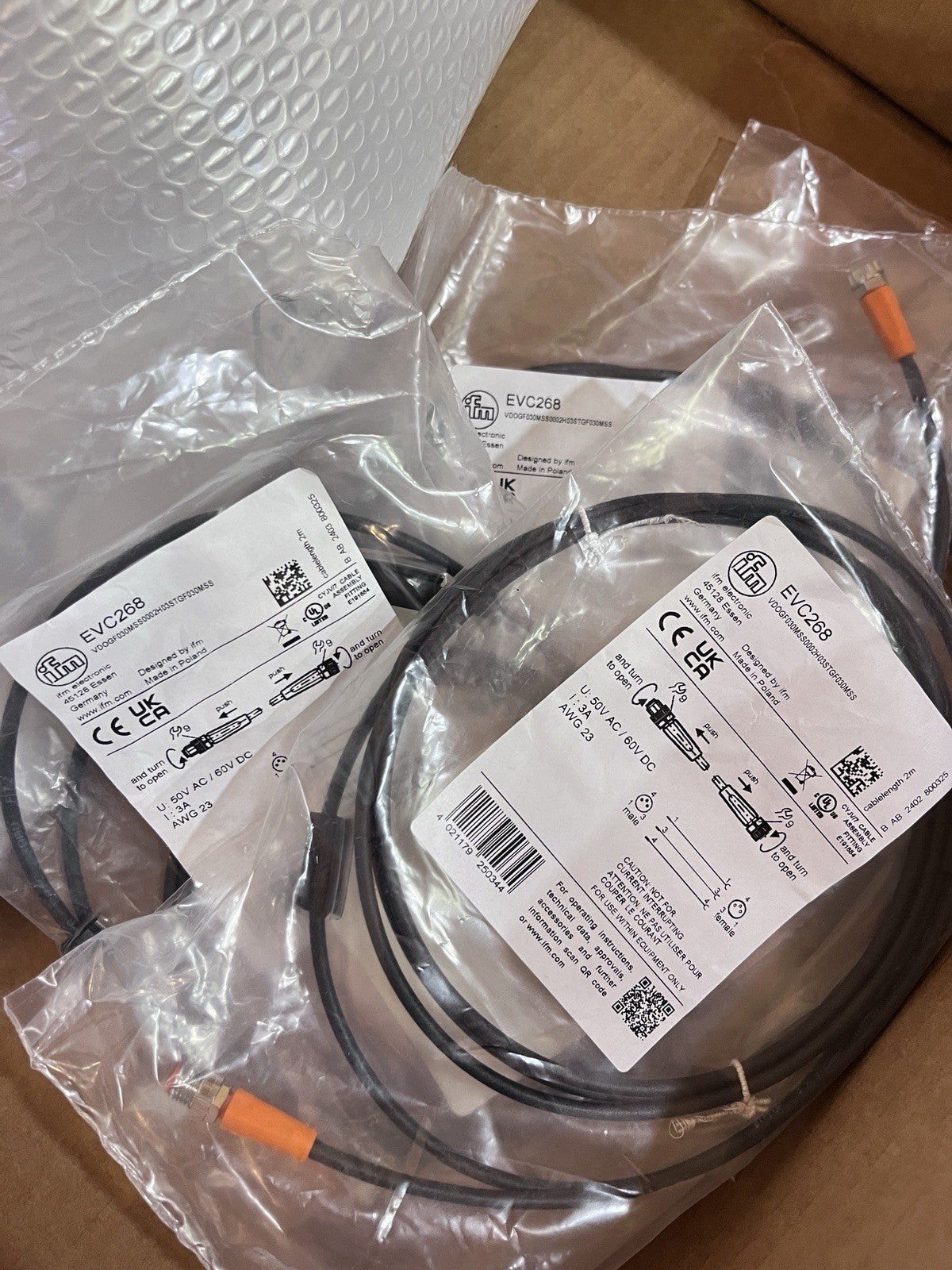 Lot Of 3 New Ifm EVC268 Connection Cable, 2m Pur-Cable M8 Connector