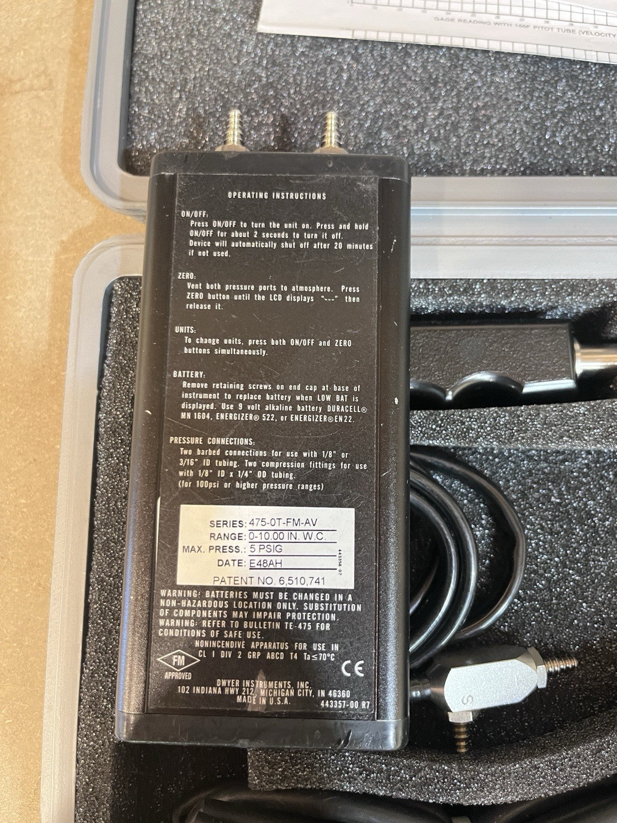 Dwyer 475-0T-FM-AV Mark III Digital Manometer Kit 0-10" w.c. Air Velocity 166T