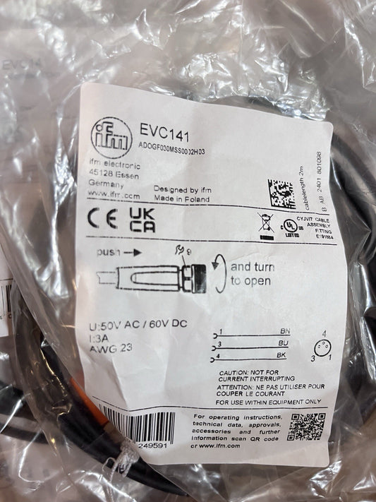 LOT OF 2 New IFM Electronic EVC141 M8 Female Straight Sensor Cable 3-Wire 2m