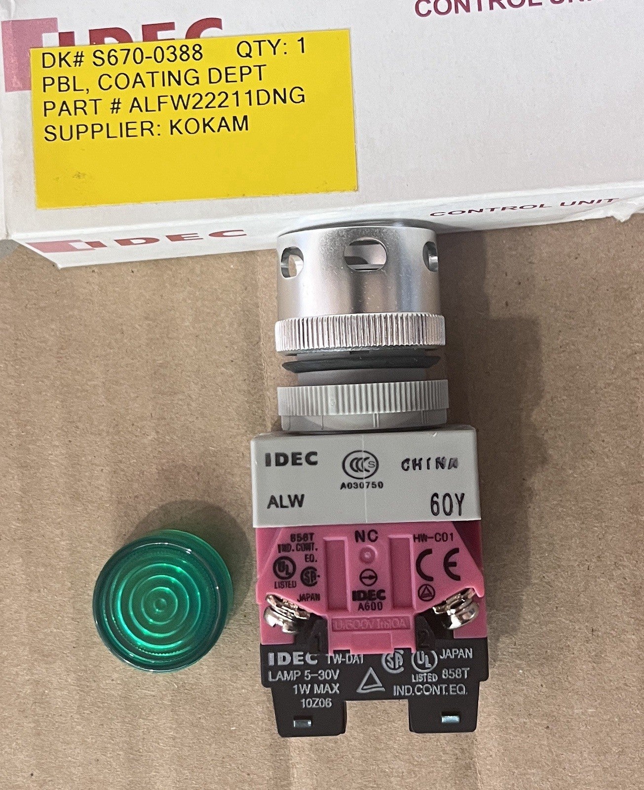 IDEC ALFW22211DNG Pilot Light Control Unit - Green Lens, Industrial Grade 2PCS