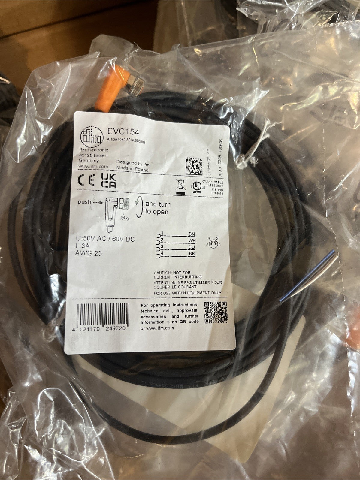 5PCS IFM EVC154 M8 4-Pin Right Angle Female Sensor Cordset 5 Meters New Surplus