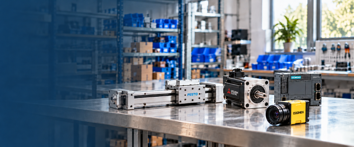 Industrial automation components on a bright workbench, with the yellow Cognex camera fully visible in front of the Siemens PLC