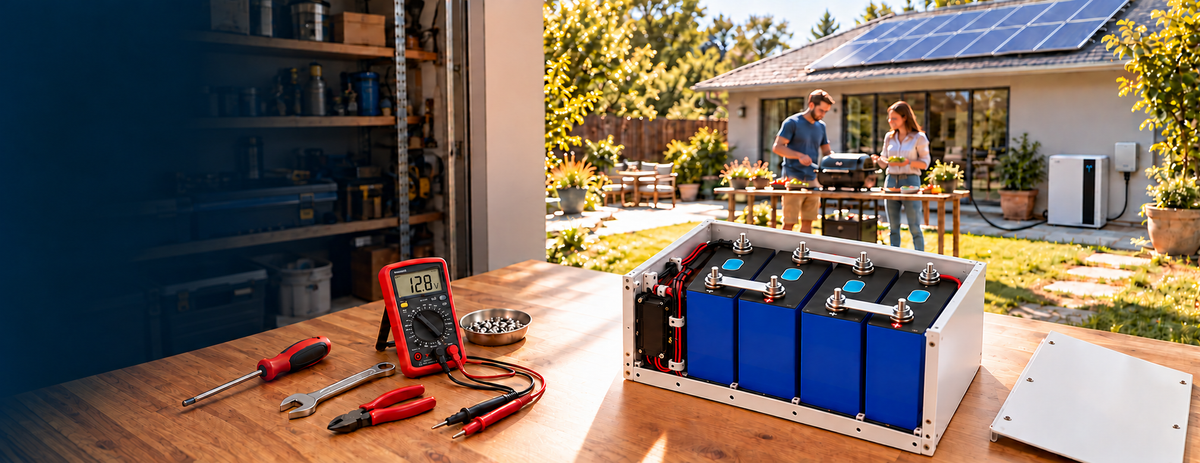 Four-cell LiFePO4 battery assembly with a solar-powered home application