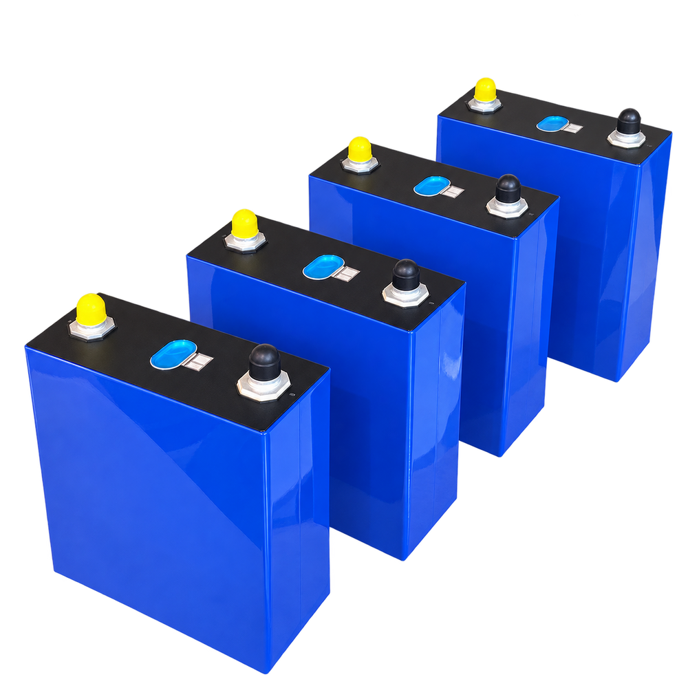 Four blue LiFePO4 prismatic battery cells