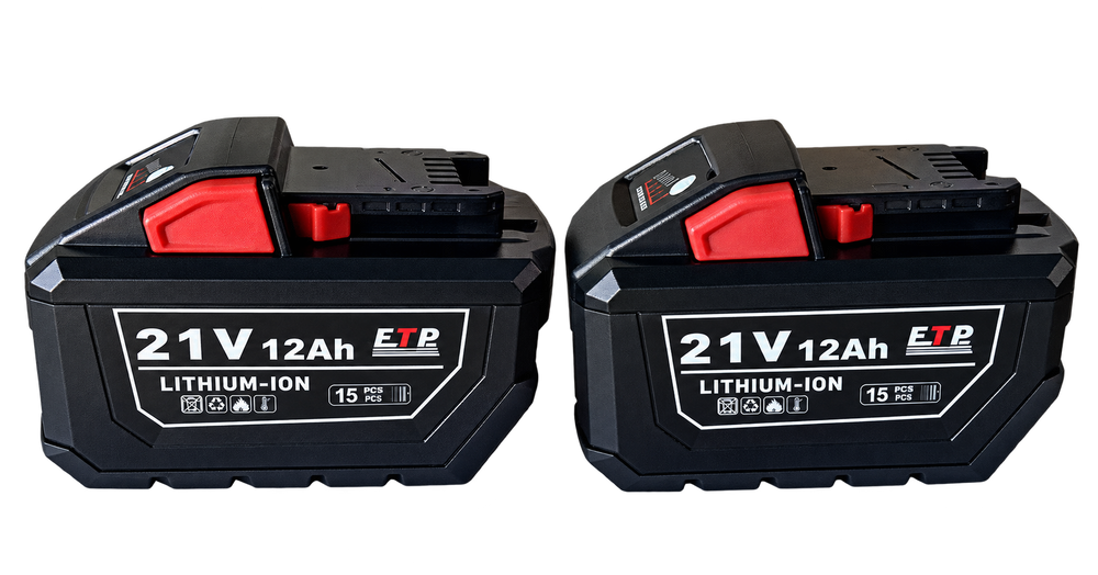 Pair of black and red ETP replacement batteries compatible with Milwaukee M18 tools