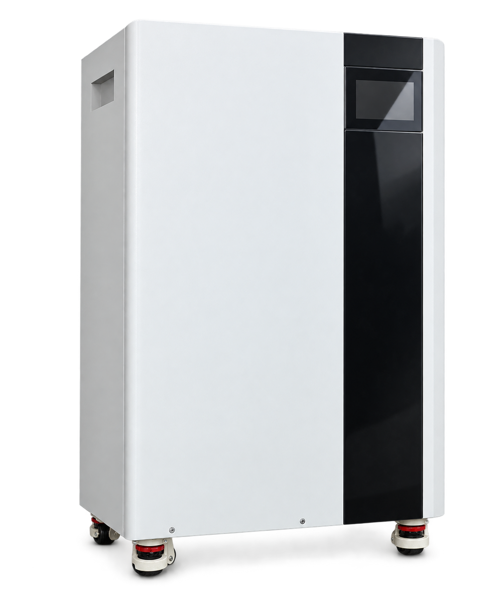 Unbranded upright white home energy storage cabinet with black display panel and caster wheels